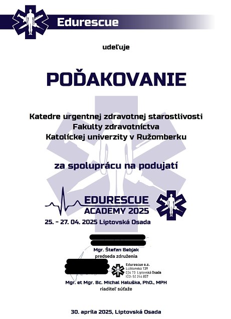Poďakovanie Katedre urgentnej zdravotnej starostlivosti FZ KU